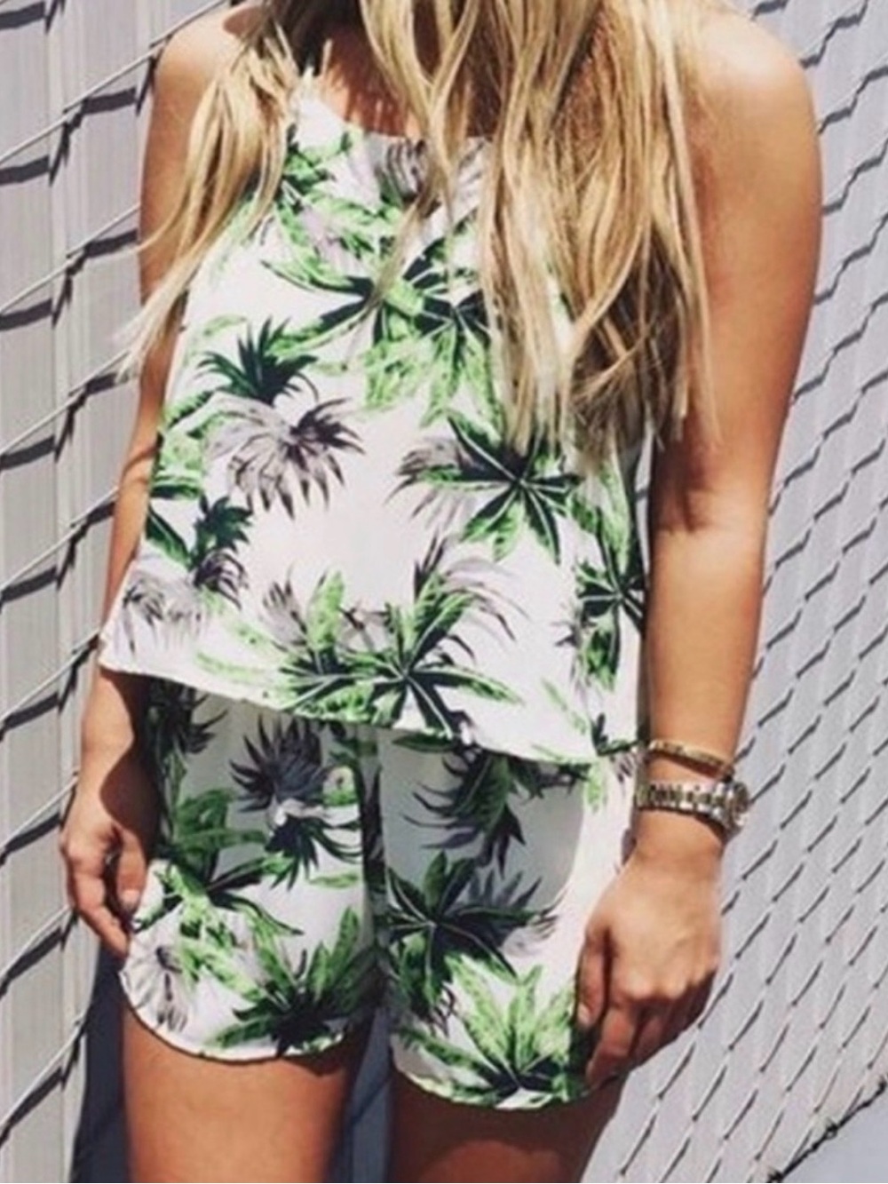 Alya Tropical Palm Print Halter Romper | Resort Vacation Beachy Romper | Small